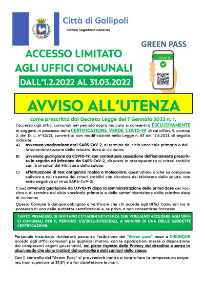 Accesso Uffici Comunali con green pass dall'1 Febbraio al 31 Marzo