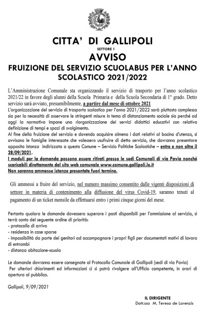 Avviso di fruizione del servizio Scuolabus per l'anno scolastico 2021-2022